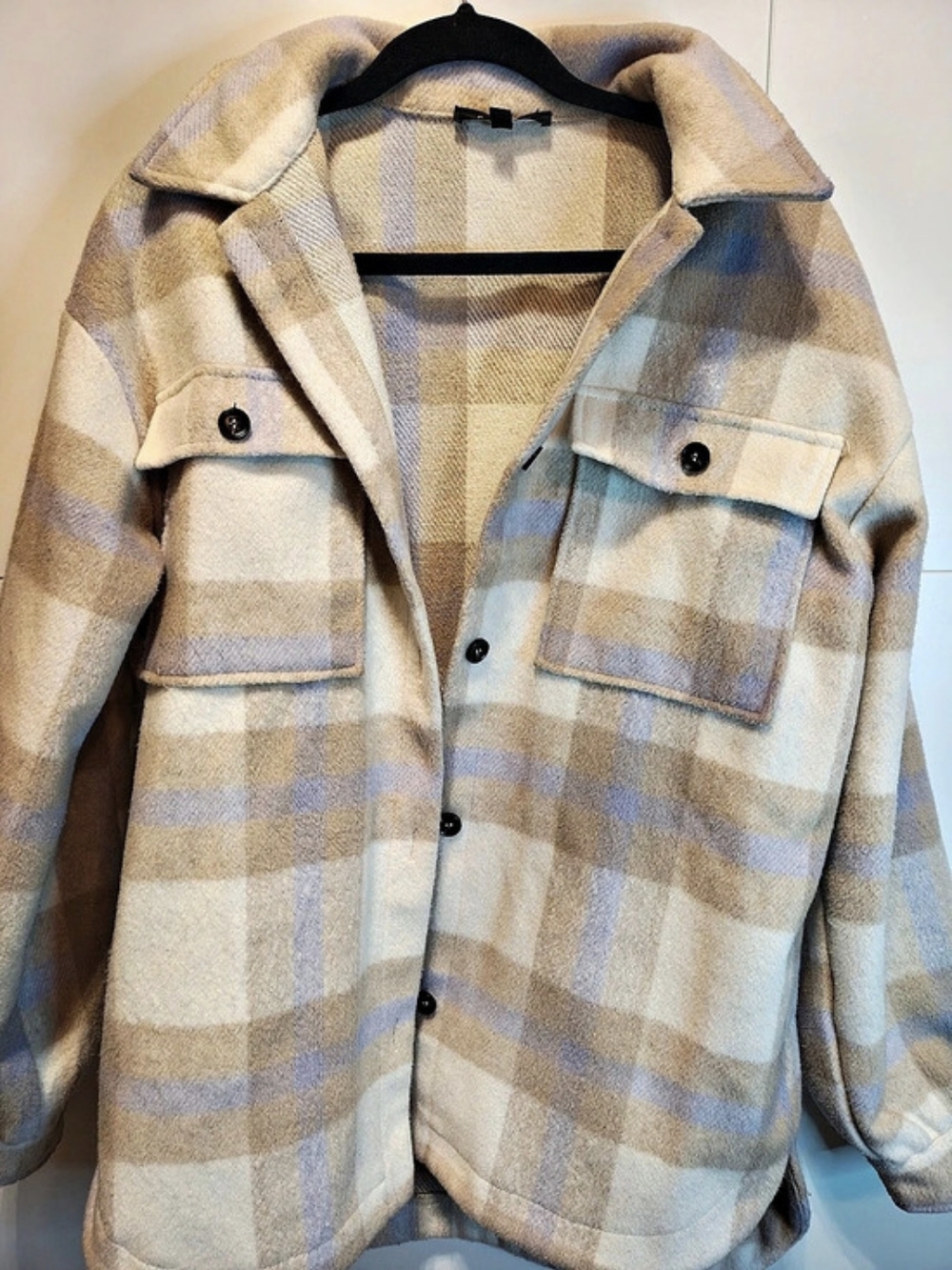 FORE Plaid Wool Blend Shacket Jacket Beige Blue Size M - Picture 6 of 8